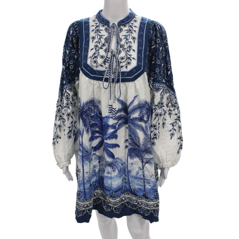 Farm Rio Women Shift Dress Blue Floral Long Sleeve Round Neck Size M